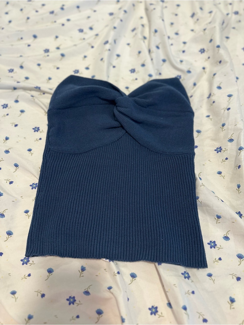 NWOT blue ribbed knit sweetheart neck SzXS strapless crop top twisted knot front
